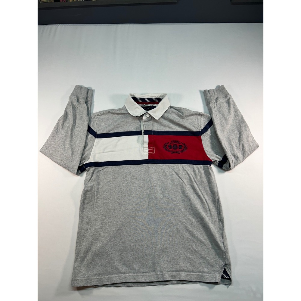 Tommy Hilfiger Mens Long Sleeve Rugby Shirt‎ Grey Red White Colorblock Crest M